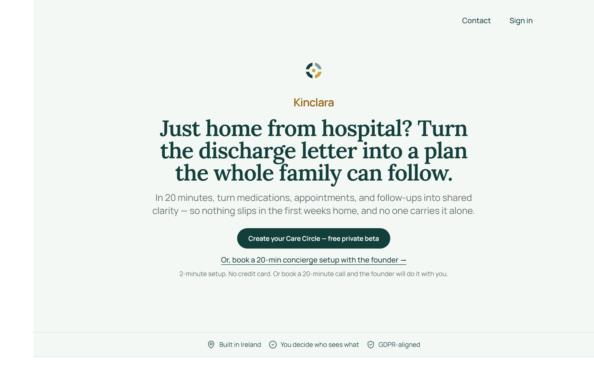 Kinclara landing page: turn the discharge letter into a plan the whole family can follow